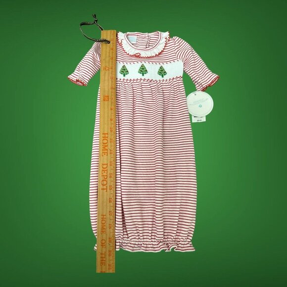 Edgehill Collection 0/3 M baby Girl Christmas Tree Smocked Sleeper Gown - Picture 6 of 8